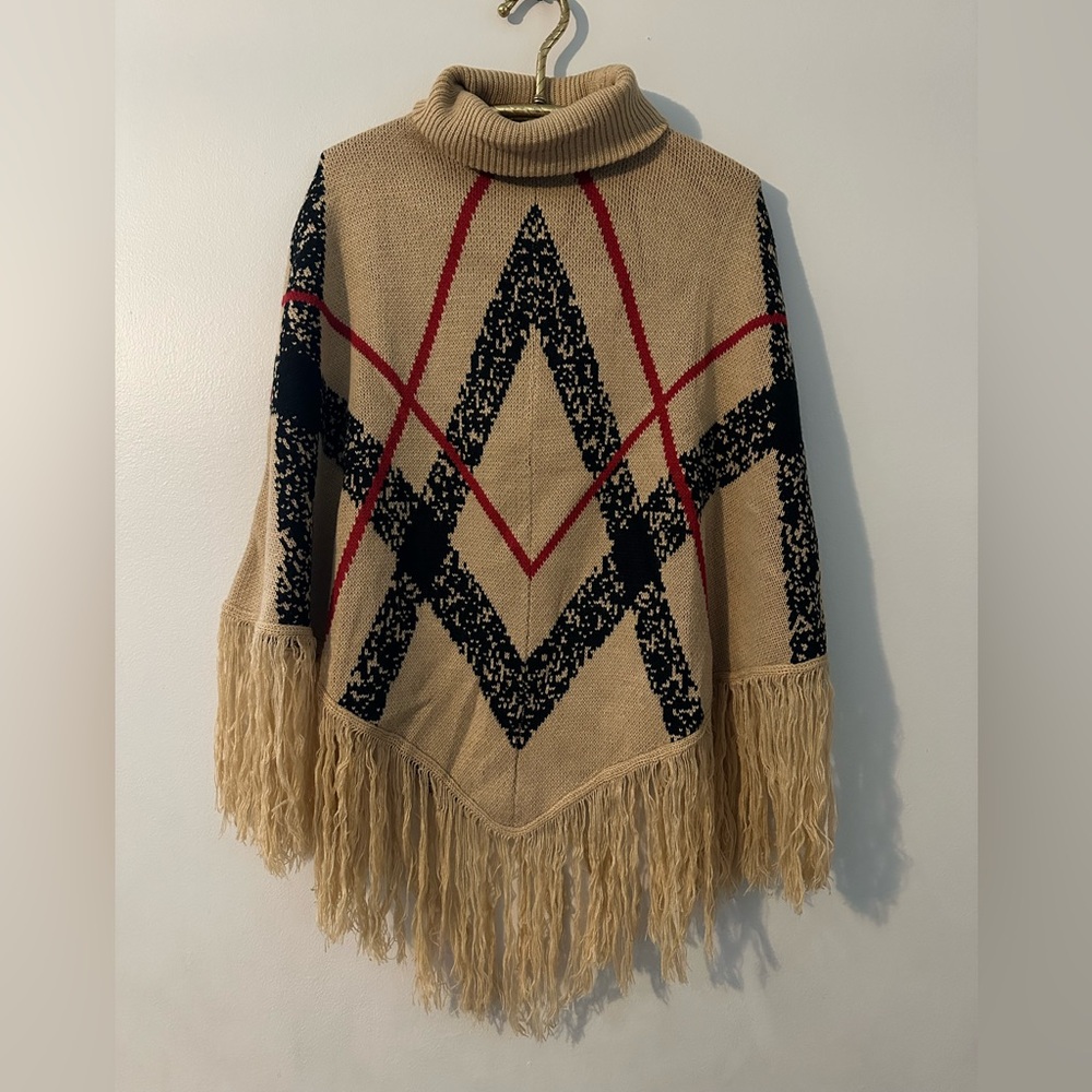 Knit Poncho Wrap Turtleneck Cream Black Red Accents Size S/M Kori Brand Women’s